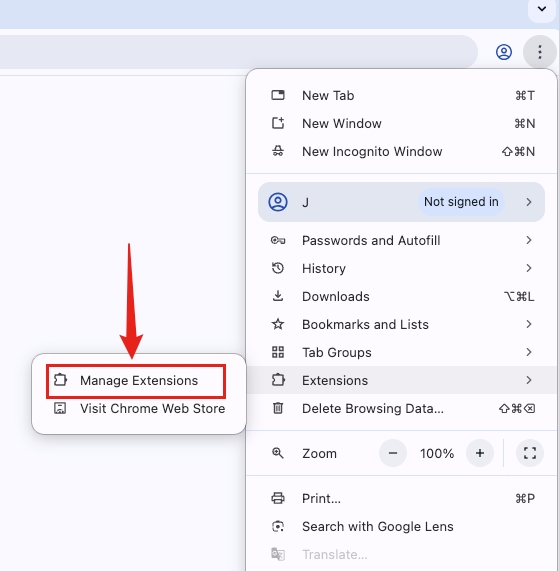 Abrir la página de「Administrar extensiones」